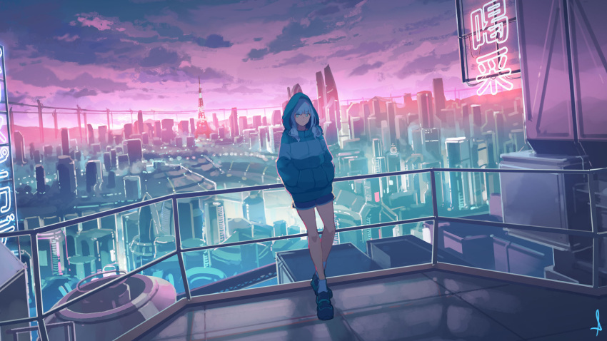 1girl absurdres against_railing aqua_eyes aqua_hair bangs blunt_bangs building cevio city city_lights cloud hands_in_pockets highres hood hoodie kafu_(cevio) leaning_on_rail light_blue_eyes light_blue_hair looking_to_the_side making-of_available neon_lights on_roof outdoors railing scenery shijohane shoes shorts sidelocks sign skyscraper socks solo standing tower twilight white_socks wide_shot