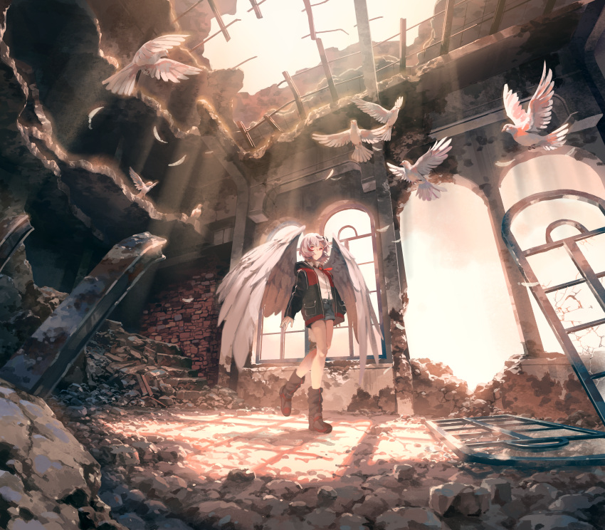 1girl absurdres angel_wings arch bird boots brick_wall broken_window cloud day denim denim_shorts dove dtto. feathers from_below grey_hair highres hood hood_down hoodie jacket light_rays outdoors parted_lips red_eyes rock ruins scenery shadow shijohane shirt short_hair shorts solo steel_beam sunbeam sunlight utaite_(singer) virtual_youtuber vocaloid walking white_hair white_shirt wide_shot wind wings