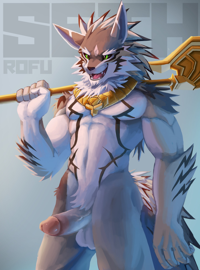 abs absurd_res anthro black_sclera brown_body brown_fur canid canine canis fangs fur genitals green_eyes hi_res humanoid_genitalia humanoid_penis jackal jewelry jewelry_only lifewonders looking_away male mammal melee_weapon muscular muscular_anthro muscular_male nude open_mouth open_smile penis rofu_kagazaki seth_(tas) smile solo standing teeth tokyo_afterschool_summoners video_games weapon weapon_on_shoulder white_body white_fur