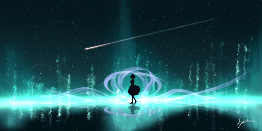 1girl absurdres artist_name aurora dress h_yuusui highres light light_rays long_dress nature night night_sky original reflection reflective_floor scenery short_hair signature silhouette sky solo star_(sky) star_(symbol) starry_sky