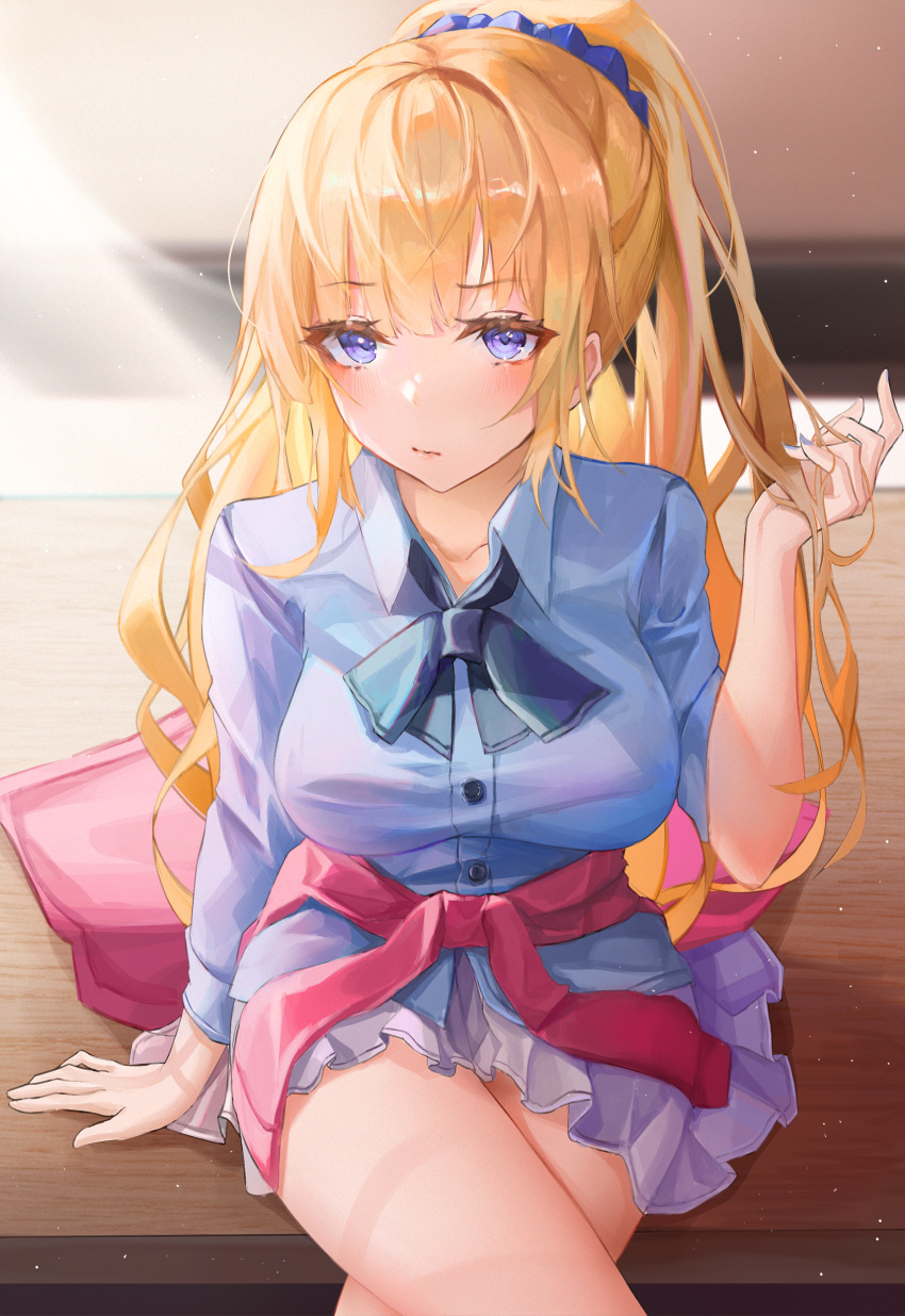 1girl :/ absurdres bangs blonde_hair blue_eyes blue_nails blue_scrunchie blue_shirt blush breasts closed_mouth collared_shirt commentary cowboy_shot crossed_legs english_commentary hand_rest hand_up highres karuizawa_kei large_breasts long_hair looking_at_viewer pink_sweater pleated_skirt ponytail purple_skirt scrunchie shirt sidelocks sitting skirt sleeves_rolled_up solo sunlight sweater thighs tied_sweater turbulence youkoso_jitsuryoku_shijou_shugi_no_kyoushitsu_e