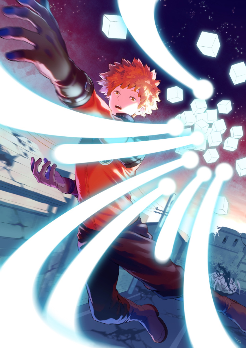 1boy bangs black_footwear black_gloves black_pants blurry boots building cube depth_of_field feet_out_of_frame firing floating gloves highres jacket knee_boots long_sleeves looking_at_viewer male_focus mizukami_satoshi_(world_trigger) open_mouth orange_hair otsuzaka outstretched_arm pants power_lines reaching_out red_jacket road ruins short_hair sky solo spiked_hair star_(sky) starry_sky street torion_hei twilight uniform utility_pole world_trigger