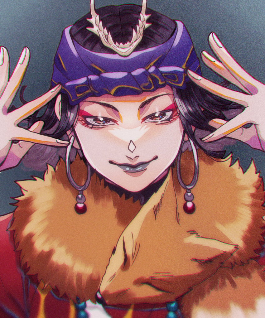 1girl ainu_clothes black_hair black_lips earrings eyeshadow flipped_hair fur golden_kamuy grey_background hands_up highres hoop_earrings inkarmat jawbone jewelry kojiro_0408 looking_at_viewer makeup medium_hair necklace pelt solo upper_body