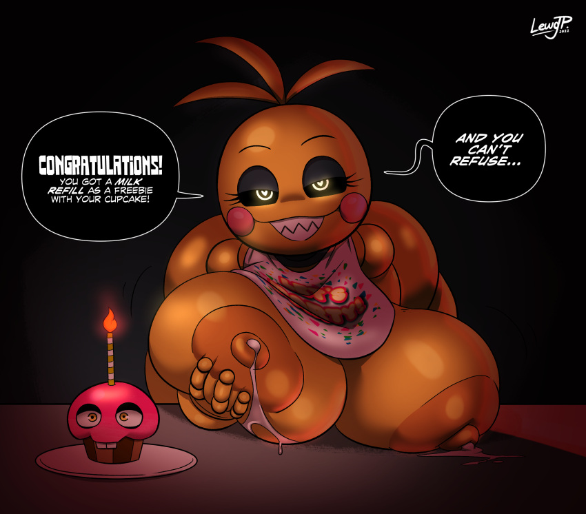&lt;3_pupils animatronic anthro avian bedroom_eyes bent_over bib big_breasts big_butt bodily_fluids breasts bubble_butt butt cupcake_(fnaf) dialogue duo english_text exclamation_point female five_nights_at_freddy's five_nights_at_freddy's_2 half-closed_eyes hi_res huge_breasts joaoppereiraus lactating looking_at_viewer machine milk narrowed_eyes nipples non-mammal_breasts presenting presenting_breasts robot scottgames seductive smile solo_focus speech_bubble talking_to_viewer text thick_thighs toy_chica_(fnaf) video_games