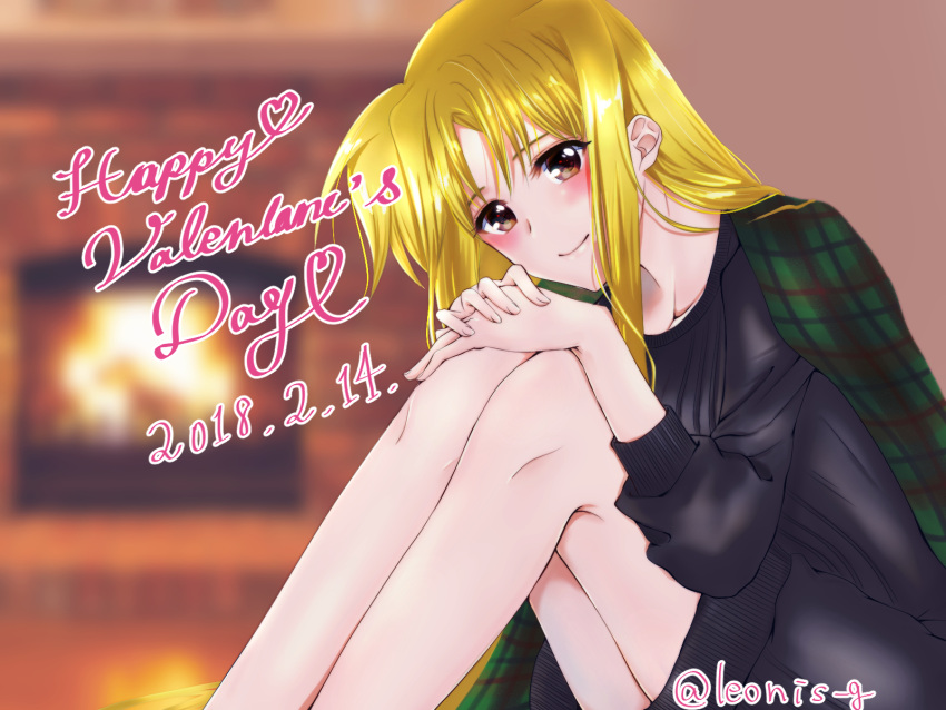 1girl bangs black_dress blonde_hair blurry blurry_background closed_mouth commentary cursive dated dress english_text fate_testarossa fireplace green_jacket hands_on_own_knees happy_valentine highres indoors jacket jacket_on_shoulders leaning_forward leonis_g long_hair looking_at_viewer lyrical_nanoha red_eyes short_dress sitting smile solo sweater sweater_dress twitter_username