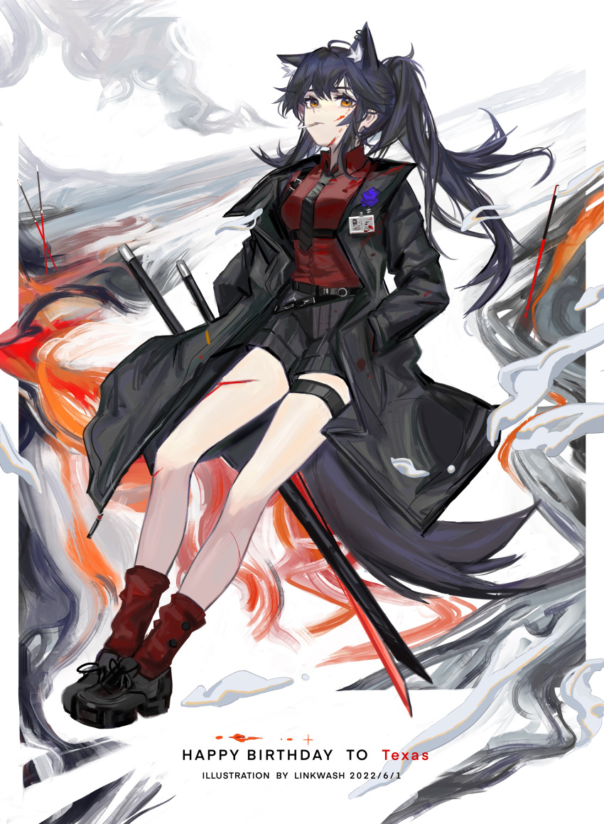 absurdres animal_ears arknights black_coat black_footwear black_hair black_necktie black_shorts blood blood_on_clothes blood_on_face blood_on_leg character_name cigarette coat collared_shirt dated dress_shirt ear_piercing extra_ears full_body hands_in_pockets happy_birthday highres id_card injury long_hair long_sleeves mouth_hold necktie official_alternate_costume open_clothes open_coat orange_eyes piercing ponytail red_shirt red_socks shirt shoes shorts shuimo socks sword texas_(arknights) texas_(willpower)_(arknights) thigh_strap weapon wolf_ears wolf_girl