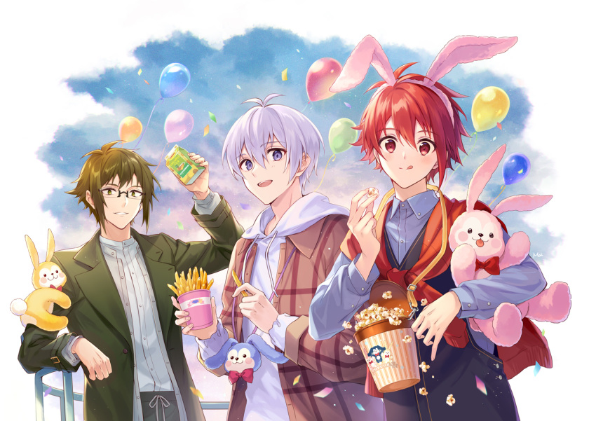 :d animal_ears balloon black_vest blue_shirt cape doll food french_fries glasses green_eyes green_hair green_jacket headband hood hoodie idolish_7 ima_(luce365) jacket juice_box long_sleeves looking_at_viewer male_focus multicolored_hair multiple_boys nanase_riku nikaido_yamato osaka_sougo popcorn purple_eyes rabbit_ears red_eyes red_hair ribbon shirt short_hair smile stuffed_animal stuffed_toy tongue vest white_hair white_hood white_hoodie white_shirt