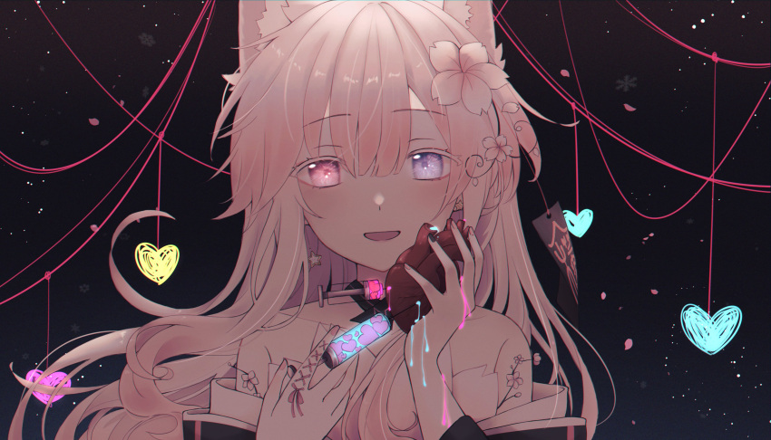 1girl absurdres animal_ear_fluff animal_ears bands bangs bare_shoulders black_background bleeding blood cat_ears cherry_blossoms choker dark_background ear_piercing earrings flat_chest flower glowing glowing_eyes hair_flower hair_ornament hanafuda heart heart_(organ) highres indie_virtual_youtuber injection japanese_clothes jewelry kimono laces long_hair looking_at_viewer multicolored_nails nail_polish needle open_mouth original piercing pink_hair ribbon shinyo_yukino sidelocks sky smile star_(sky) star_(symbol) star_earrings starry_sky string string_of_fate syringe tassel tassel_earrings upper_body yandere yandere_trance