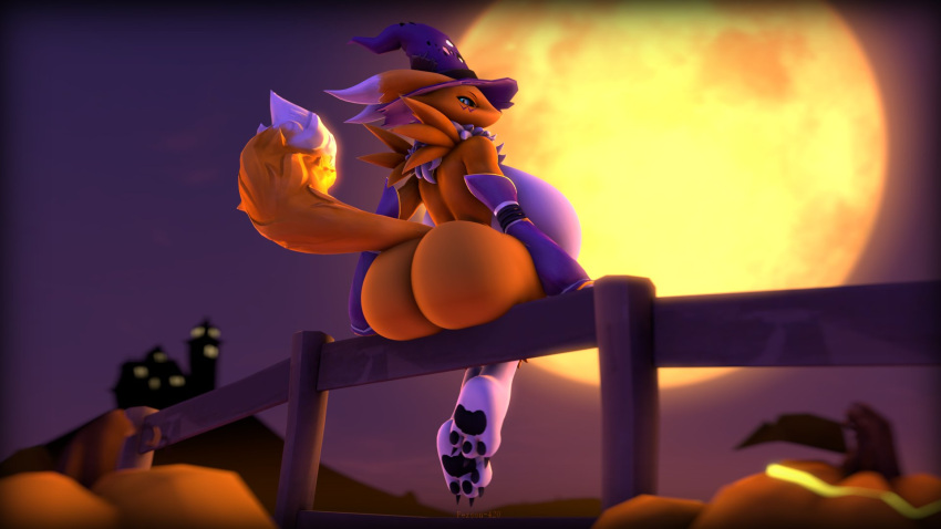16:9 3d_(artwork) anthro armwear bandai_namco big_breasts big_butt black_sclera breasts bridal_gauntlets butt canid canine clothing digimon digimon_(species) digital_media_(artwork) dipstick_ears dipstick_tail facial_markings female fence food fruit fur halloween hat head_markings headgear headwear hi_res holidays huge_breasts huge_butt mammal markings moon multicolored_ears multicolored_tail neck_tuft not_person420 plant pumpkin renamon sitting solo source_filmmaker tail_markings thick_thighs tuft white_body white_fur widescreen witch_hat yellow_body yellow_fur