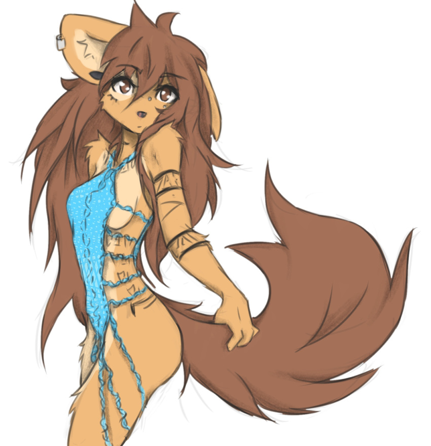 anthro apogee_(tinygaypirate) arm_tuft black_nose breasts brown_body brown_eyes brown_fur brown_hair butt canid canine canis cheek_tuft clothed clothing cowlick domestic_dog ear_piercing elbow_tuft eyebrow_through_hair eyebrows eyelashes facial_markings facial_piercing facial_tuft female floppy_ears fur furgonomics furry-specific_piercing gauged_ear grey_background hair head_markings hi_res holding_tail inner_ear_fluff leg_tuft lingerie long_hair mammal markings messy_hair mottled mottled_nose muzzle_piercing no_underwear nose_piercing piercing pink_nose side_boob simple_background slim solo spitz standing tinygaypirate translucent translucent_hair tuft