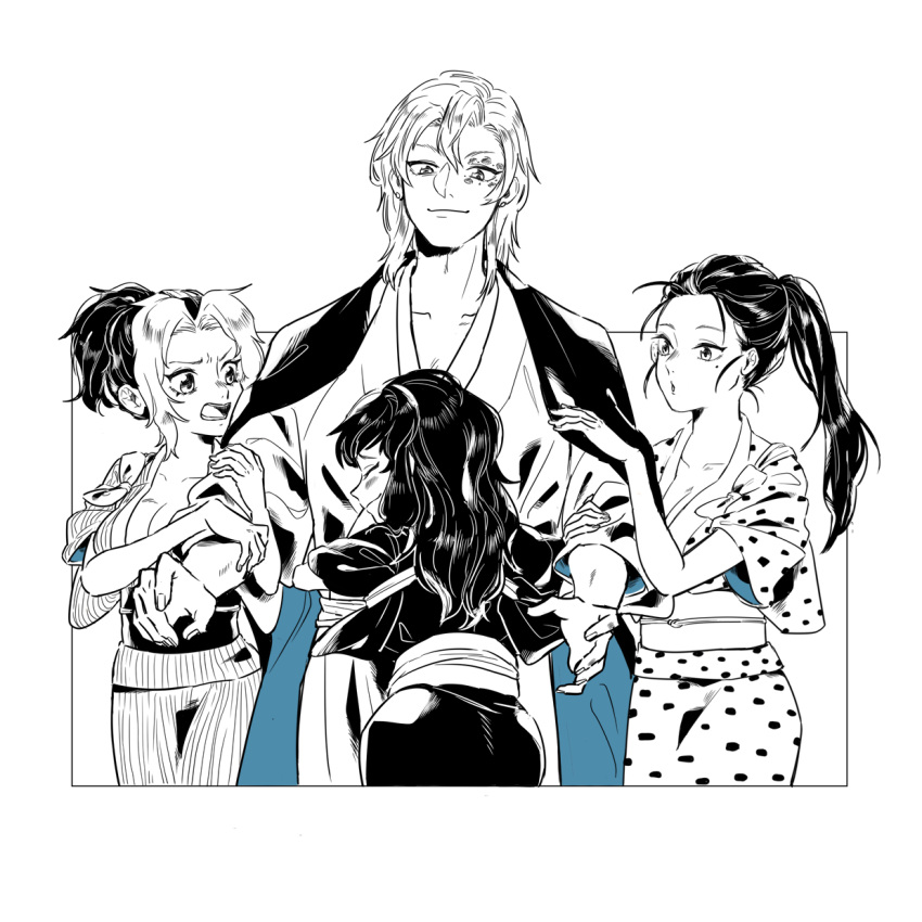 1boy 3girls ^_^ ass awarinko bangs blue_theme blush breasts cleavage closed_eyes closed_mouth coat coat_on_shoulders cowboy_shot earrings facial_mark furrowed_brow hair_down hands_on_another's_arm hands_up head_on_chest height_difference hetero highres hinatsuru_(kimetsu_no_yaiba) hug husband_and_wife_and_wife jewelry kimetsu_no_yaiba large_breasts long_hair long_sleeves looking_at_another looking_down looking_to_the_side makio_(kimetsu_no_yaiba) mole mole_under_eye monochrome multicolored_hair multiple_girls open_mouth outside_border outstretched_arms parted_bangs ponytail profile puckered_lips reaching reaching_out short_hair side-by-side smile suma_(kimetsu_no_yaiba) tasuki two-tone_hair uzui_tengen wide_sleeves