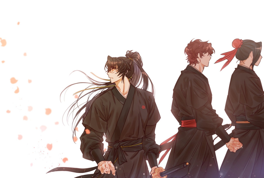 3boys blossom_robber brown_hair cherry_blossoms chungmyung from_side highres holding holding_sword holding_weapon jogeol_(return_of_the_mount_hua_sect) korean_commentary looking_back male_focus multiple_boys ponytail return_of_the_mount_hua_sect sad scar scar_on_hand sword walking weapon white_background wide-eyed yungjong