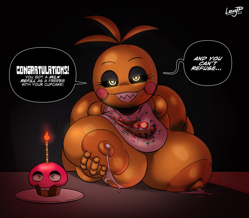 animatronic anthro avian bedroom bent_over bib big_breasts big_butt bodily_fluids breasts bubble_butt butt cupcake_(fnaf) dialogue english_text female five_nights_at_freddy's five_nights_at_freddy's_2 half-closed_eyes hi_res huge_breasts joaoppereiraus lactating looking_at_viewer machine narrowed_eyes nipples presenting presenting_breasts robot scottgames smile solo talking_to_viewer text thick_thighs toy_chica_(fnaf) video_games