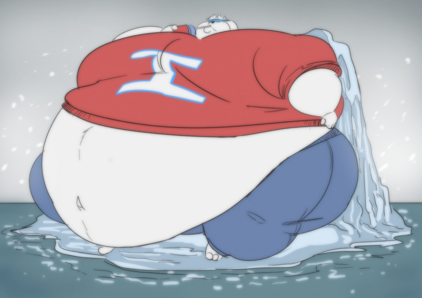 anthro belly beverage big_belly big_moobs blindfold blue_bottomwear blue_clothing blue_pants bottomwear cedricbrowning_(artist) clothing dewlap_(anatomy) double_chin drinking exposed_belly fur holding_beverage holding_object hyper hyper_belly iceberg icee icee_bear(the_icee_company) immobile male mammal moobs morbidly_obese morbidly_obese_anthro morbidly_obese_male navel obese obese_anthro obese_male outside overweight overweight_anthro overweight_male pants red_clothing red_shirt red_topwear shirt sitting solo t-shirt topwear ursid water white_belly white_body white_fur