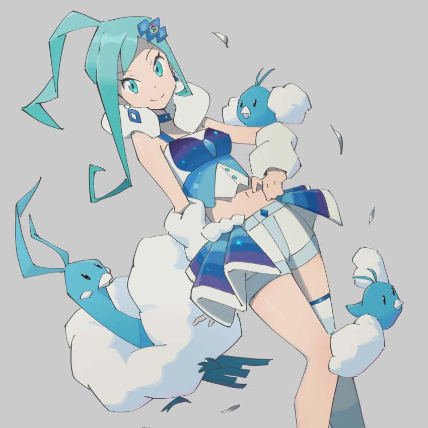 1girl altaria beak blue_eyes blue_hair dress earrings eyelashes grey_background highres jewelry lisia_(pokemon) mega_stone midriff navel pokemon pokemon_(creature) pokemon_(game) pokemon_on_arm pokemon_oras psylduck shirt shorts shorts_under_skirt showgirl_skirt single_thighhigh sleeveless sleeveless_shirt smile standing striped striped_legwear swablu thighhighs wings