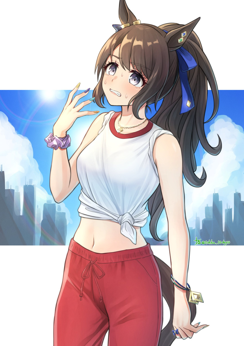 1girl absurdres alternate_hairstyle animal_ears bangs bracelet breasts brown_hair clenched_teeth cowboy_shot fanning_self grey_eyes highres horse_ears horse_girl horse_tail jewelry lens_flare long_hair medium_breasts midriff navel necklace pants ponytail red_pants ring scrunchie shirt sleeves_rolled_up solo sun sweat sweatpants tail teeth tohka_10days tosen_jordan_(umamusume) twitter_username umamusume white_shirt wrist_scrunchie