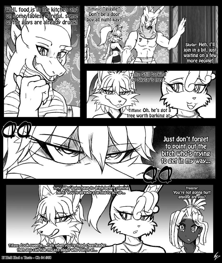 2016 anthro bottomwear canid canine clothing comic door dragon dress ear_piercing ear_ring english_text female fox group hair hi_res horn human if_hell_had_a_taste jewelry lagomorph leporid male mammal midriff monochrome muscular muscular_anthro muscular_male necklace open_mouth pants piercing ponytail profanity rabbit ring_piercing scales scar shirt skirt skylar_fidchell taffy_(viroveteruscy) text tiffany_brewwer topwear treestar_(viroveteruscy) viroveteruscy window