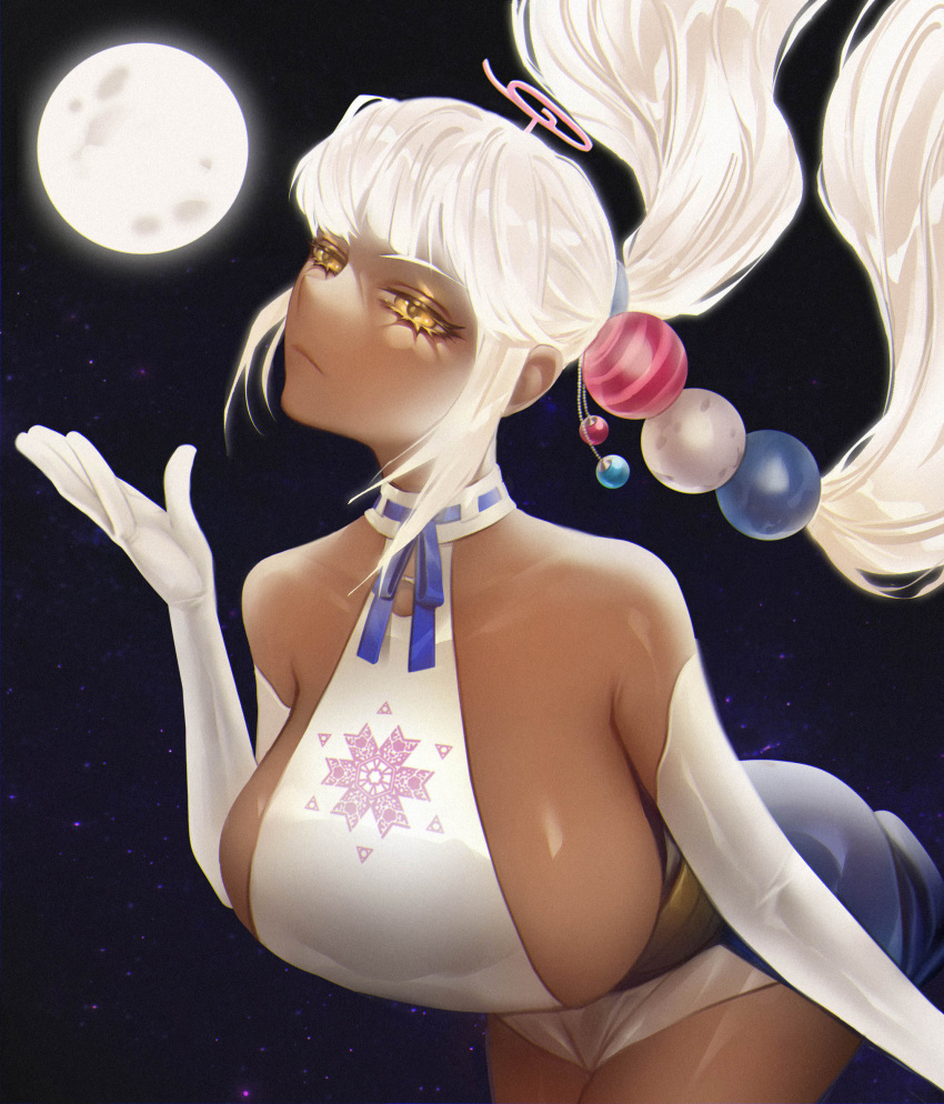 1girl absurdres blue_bow blue_skirt bow breasts dark-skinned_female dark_skin dress elbow_gloves gloves hair_ornament halterneck highres hololive hololive_english large_breasts light_brown_hair limiter_(tsukumo_sana) long_hair looking_at_viewer moon planet_hair_ornament sidelocks skin_tight skirt space spiralnoww1 tsukumo_sana twintails virtual_youtuber white_dress white_gloves yellow_eyes