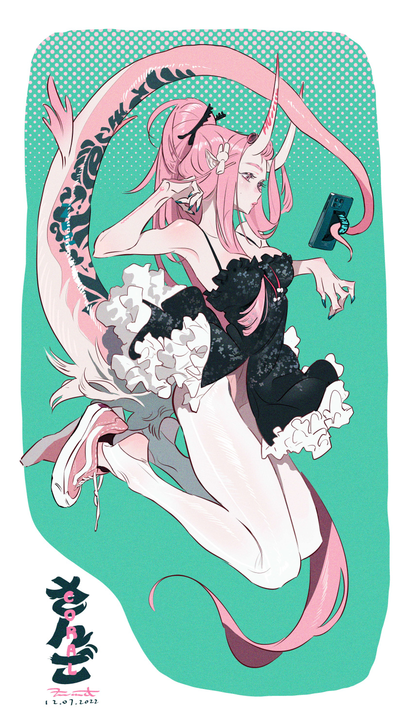 1girl absurdres bangs_pinned_back black_dress blush breasts cellphone dress frilled_dress frills from_side green_nails highres holding holding_phone holding_with_tail horns long_hair looking_at_phone medium_breasts mole mole_under_eye nail_polish oni_horns original pantyhose parted_lips phone pink_eyes pink_footwear pink_hair pointy_ears ponytail prehensile_tail shoe_dangle shoes sleeveless sleeveless_dress smartphone solo stirrup_legwear tail tizibade toeless_legwear very_long_hair white_pantyhose