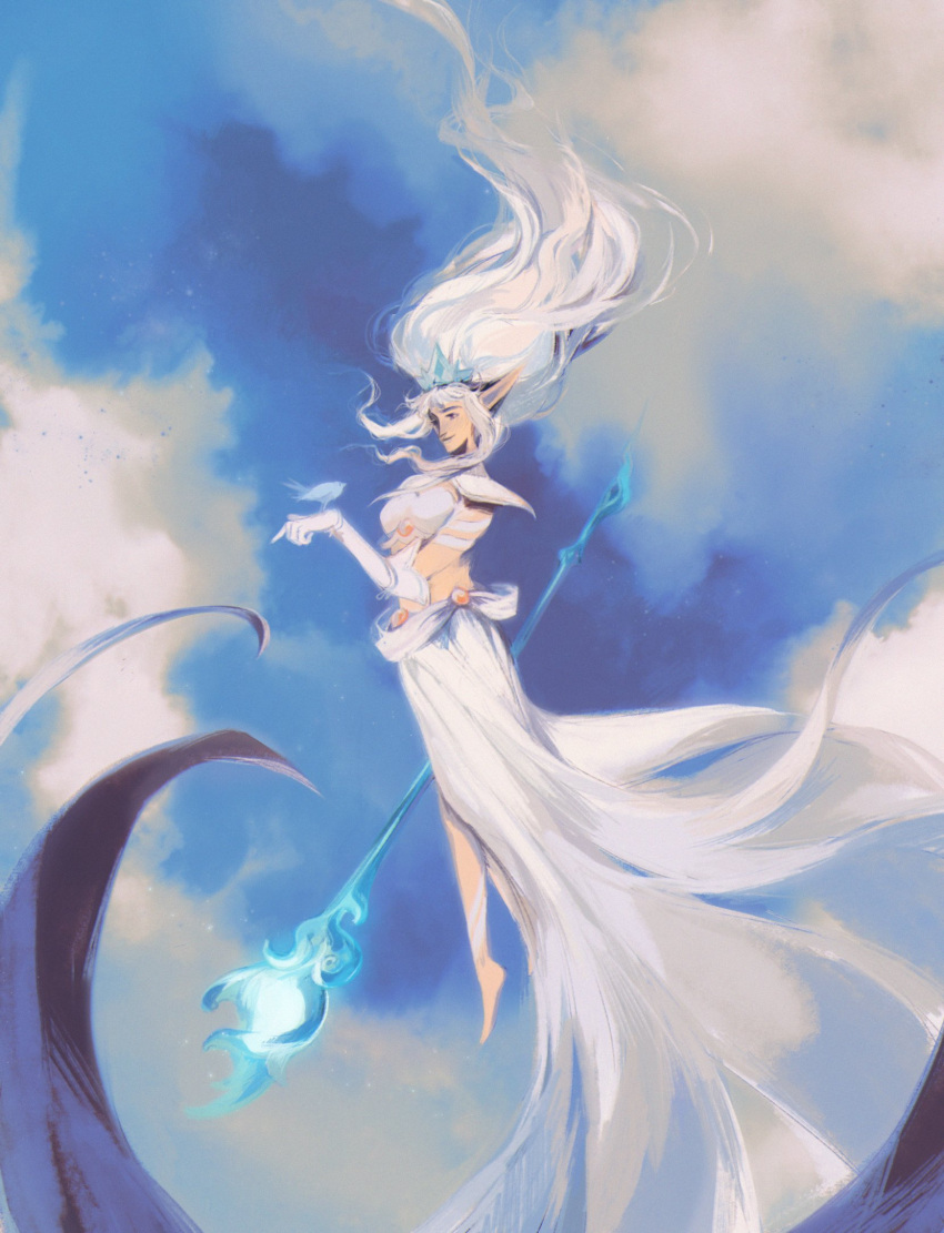 1girl belt bird black_eyes cloud cloudy_sky crown day elbow_gloves gloves hair_lift highres itssoikamadudes janna_(league_of_legends) league_of_legends long_hair pointy_ears shoulder_pads skirt sky smile solo staff white_hair