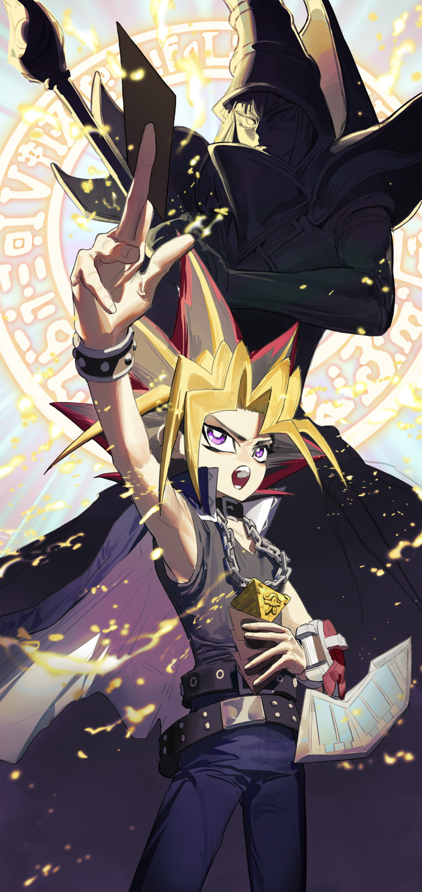 2boys absurdres arm_up belt belt_buckle black_bracelet black_collar black_hair blonde_hair blue_jacket bracelet bright_pupils buckle card chain chain_necklace collar collarbone dark_magician deck_of_cards duel_disk duel_monster fingernails ghdwid hat highres holding holding_card holding_staff jacket jacket_on_shoulders jewelry light_particles light_rays magic_circle magician male_focus millennium_puzzle multicolored_hair multiple_boys necklace open_mouth purple_eyes red_hair school_uniform spiked_hair staff teeth uniform white_pupils yami_yuugi yu-gi-oh!