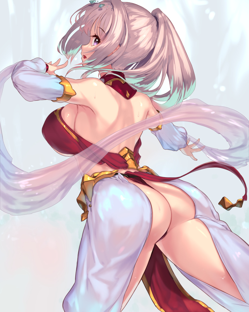 1girl absurdres arm_up armpits ass breasts brown_hair bustier commentary_request dancer dancing detached_sleeves from_behind harem_outfit harem_pants highres kirikawa_ikumu large_breasts leg_up loincloth long_hair looking_back open_mouth original outstretched_arm pants pink_eyes ponytail sideboob solo thighs white_sleeves