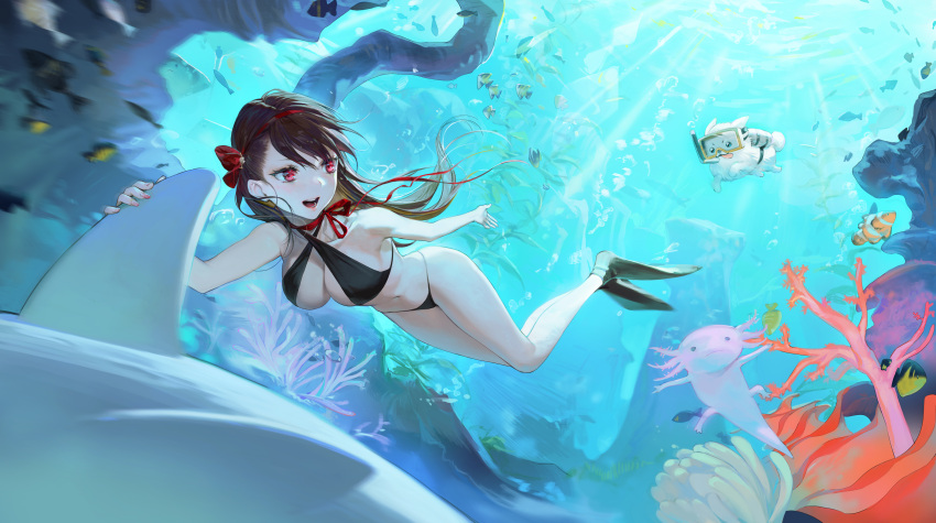 1girl :d absurdres air_bubble axolotl bare_arms bare_shoulders bikini black_bikini brown_hair bubble choker clownfish commission coral criss-cross_halter diving_mask dog dolphin fish flippers goggles hairband halter_top halterneck highres navel neck_ribbon open_mouth original oyabuli red_choker red_eyes ribbon smile snorkel solo swimming swimsuit underwater