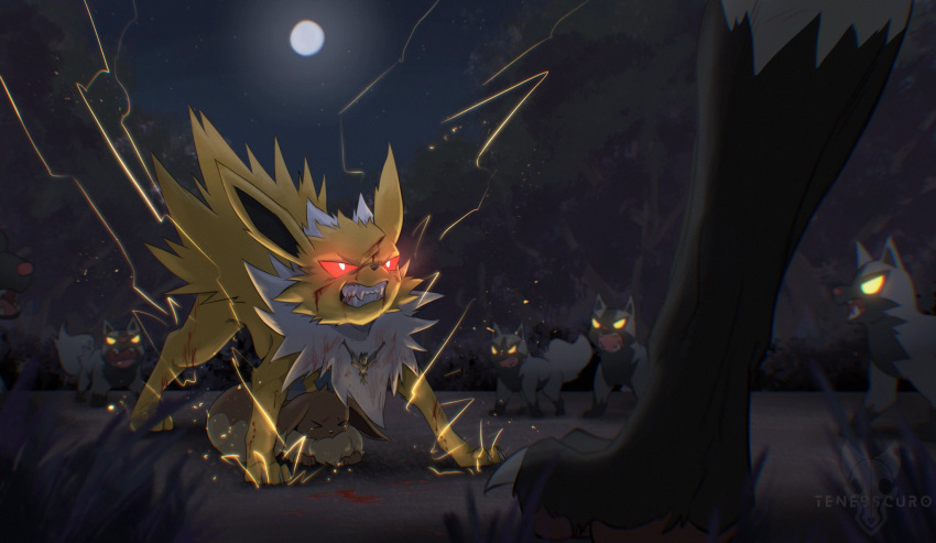 ambiguous_gender angry blood bodily_fluids brown_body brown_fur canid canine claws digitigrade dipstick_tail eevee eeveelution electricity fangs feral finger_claws full_moon fur gloves_(marking) glowing glowing_eyes grass grey_body grey_fur group hi_res jewelry jolteon laceration leg_markings looking_at_another low-angle_view mammal markings mightyena moon necklace night nintendo outside pawpads pink_pawpads plant pok&eacute;mon pok&eacute;mon_(species) poochyena quadruped red_eyes shaded sky snout socks_(marking) star starry_sky tail_markings tenebscuro tree video_games watermark white_body white_fur yellow_body yellow_eyes yellow_fur