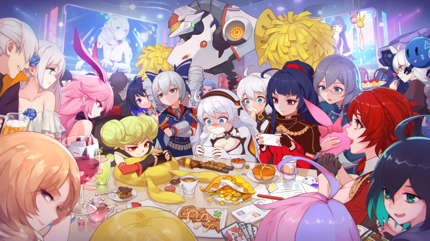 2boys 6+girls :d absurdres ahoge ai-chan_(honkai_impact) alcohol animal_ears bangs bare_shoulders bboydaizi beer beer_mug black_dress black_hair blonde_hair blue_eyes blue_flower blue_hair blue_jacket blue_rose bob_cut bodysuit book bow braid bread breasts bronya_zaychik bronya_zaychik_(valkyrie_chariot) brown_gloves brown_hair cake cecilia_schariac chips chopsticks cleavage closed_mouth cocolia_(honkai_impact) coffee coffee_cup crossed_arms cup cupcake disposable_cup dress drill_hair drinking_glass drone elbow_gloves fingerless_gloves flower food fox_ears frederica_nikola_tesla fu_hua fu_hua_(valkyrie_accipter) glasses gloves grey_eyes grey_hair hair_bow hair_flower hair_ornament highres holding holding_chopsticks holding_cup holding_phone homu_(honkai_impact) honkai_(series) honkai_impact_3rd indoors jacket juice kallen_kaslana lieserl_albert_einstein long_hair long_sleeves looking_at_viewer medium_hair mug multicolored_hair multiple_boys multiple_girls murata_himeko murata_himeko_(battle_storm) nun off-shoulder_dress off_shoulder open_mouth phone pink_hair pizza plate pom_pom_(cheerleading) ponytail project_bunny purple_eyes purple_hair raiden_mei raiden_mei_(valkyrie_bladestrike) red_dress red_hair rose seele_vollerei seele_vollerei_(swallowtail_phantasm) short_hair siegfried_kaslana sin_mal smile stuffed_toy table teapot television theresa_apocalypse theresa_apocalypse_(valkyrie_pledge) twin_braids twin_drills twintails two-tone_hair welt_yang wendy_(honkai_impact) white_bodysuit white_dress white_hair wine wine_glass yae_sakura yellow_eyes