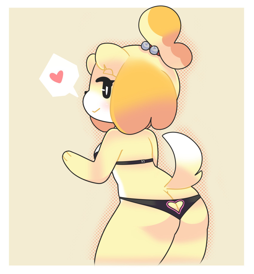 &lt;3 3_fingers absurd_res accessory animal_crossing anthro black_bra black_clothing black_nose black_panties black_underwear bra breasts butt canid canine canis clothing digital_media_(artwork) domestic_dog female fingers fur hair hair_accessory hair_bell heart_clothing heart_panties heart_underwear hi_res isabelle_(animal_crossing) mammal nintendo onigiri_punch panties shih_tzu simple_background smile solo speech_bubble toy_dog underwear video_games yellow_body yellow_fur