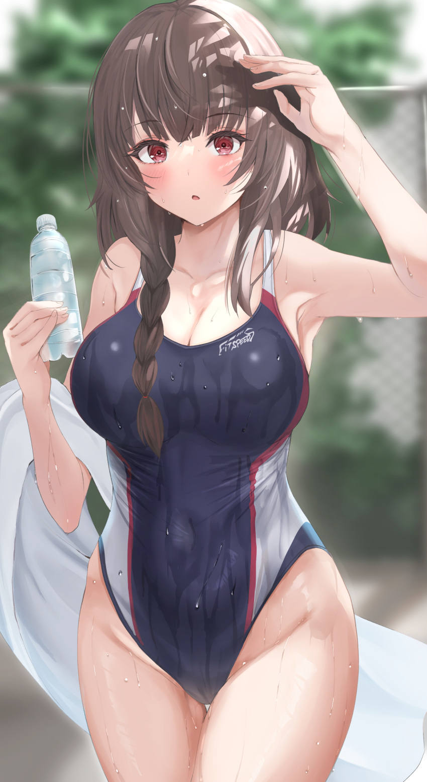 1girl :o absurdres arm_up armpits backlighting bangs black_swimsuit blurry blush bottle braid breasts breasts_apart cameltoe chain-link_fence cleavage clothes_writing collarbone competition_swimsuit covered_navel cowboy_shot day depth_of_field embarrassed fence grey_hair groin hair_tie hand_up highleg highleg_swimsuit highres holding holding_bottle holding_towel large_breasts long_hair looking_at_viewer one-piece_swimsuit original parted_lips red_eyes side_braid single_sidelock solo standing straight_hair swimsuit taut_clothes thigh_gap thighs toratora_(nanahaba) towel tree water_bottle wet wet_clothes wet_hair wet_swimsuit