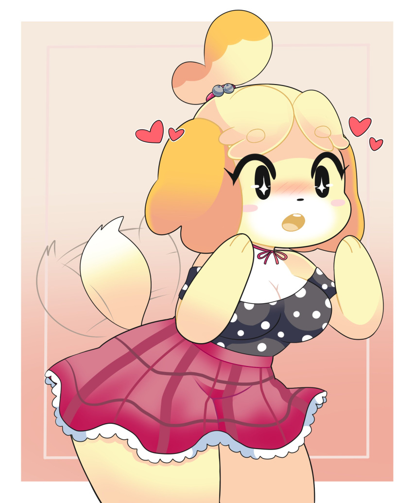 &lt;3 3_fingers absurd_res accessory animal_crossing anthro bell big_breasts black_clothing black_shirt black_topwear blonde_hair bottomwear breasts canid canine canis cleavage clothed clothing digital_media_(artwork) domestic_dog female fingers fur hair hair_accessory hair_bell hi_res isabelle_(animal_crossing) jewelry mammal nintendo onigiri_punch open_mouth pattern_clothing pattern_topwear shih_tzu shirt skirt solo spots spotted_clothing spotted_topwear tail_motion tail_through_skirt tailwag thick_thighs topwear toy_dog video_games yellow_body yellow_fur