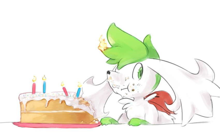 73k ambiguous_gender birthday_cake burning cake chessy_(shaymin) dessert feral fire food legendary_pok&eacute;mon looking_at_viewer nintendo pok&eacute;mon pok&eacute;mon_(species) shaymin sky_forme_shaymin solo video_games