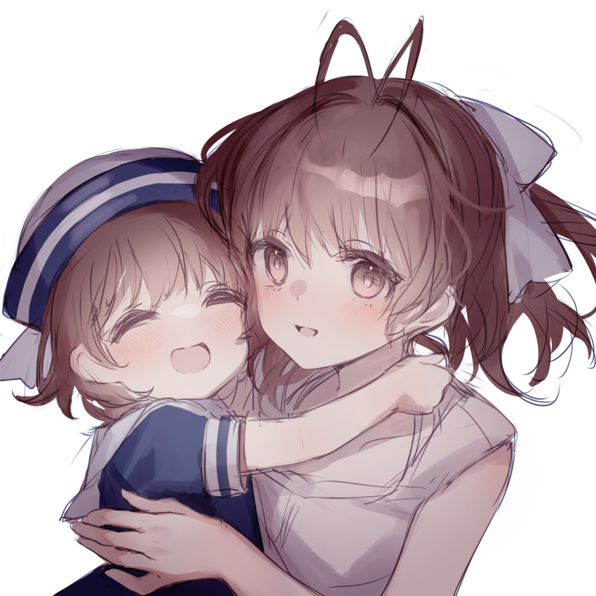 2girls ahoge antenna_hair bangs blue_headwear blue_shirt blush bow brown_eyes brown_hair child clannad closed_eyes collarbone furukawa_nagisa hair_bow hat highres holding long_hair looking_at_viewer mother_and_daughter multiple_girls okazaki_ushio open_mouth sailor_collar school_uniform serafuku shirt short_hair short_sleeves simple_background smile white_background white_bow white_sailor_collar white_shirt woodsbench