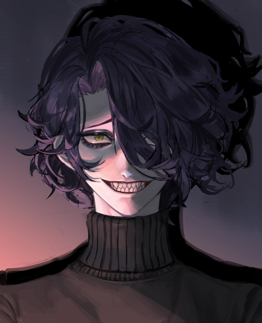 1boy absurdres cookie_run eyelashes eyeshadow green_eyes grin hair_over_one_eye highres horror_(theme) licorice_cookie long_eyelashes looking_at_viewer makeup male_focus purple_eyeshadow purple_hair sendro shadow sharp_teeth smile solo teeth turtleneck upper_body