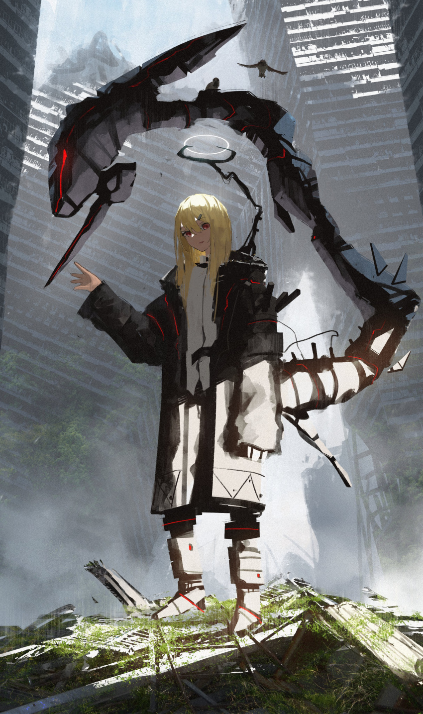 1girl absurdres asteroid_ill bangs bird black_coat blonde_hair blunt_bangs building coat cyborg day hair_between_eyes hair_ornament hairclip halo hand_up highres leaf long_hair looking_at_viewer mechanical_arms mechanical_legs mechanical_tail original outdoors parted_lips red_eyes ruins science_fiction shirt single_mechanical_arm solo sunlight tail white_shirt