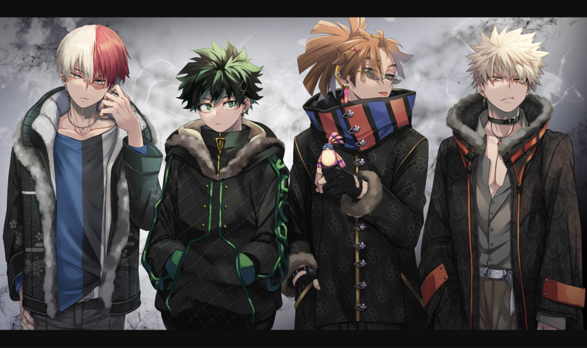 4boys argyle bakugou_katsuki belt bird bird_on_hand blonde_hair boku_no_hero_academia brown_hair closed_mouth coat collarbone collared_shirt curly_hair dress_shirt duffel_coat ear_piercing earrings eyes_visible_through_hair fashion fingerless_gloves floral_print freckles fur_trim gloves green_eyes green_hair grey_eyes hair_between_eyes hand_in_pocket hand_on_hip hands_in_pockets head_tilt heterochromia high_ponytail jacket jewelry long_sleeves looking_at_viewer male_focus midoriya_izuku multicolored_hair multicolored_shirt multiple_boys naruse_(naru_224s) open_clothes open_coat open_jacket parted_lips partially_unbuttoned pectoral_cleavage pectorals piercing pino_(boku_no_hero_academia) ponytail red_eyes rody_soul shirt spiked_hair split-color_hair standing straight_hair striped striped_shirt sunglasses todoroki_shouto tongue tongue_out two-tone_hair upper_body vertical-striped_shirt vertical_stripes