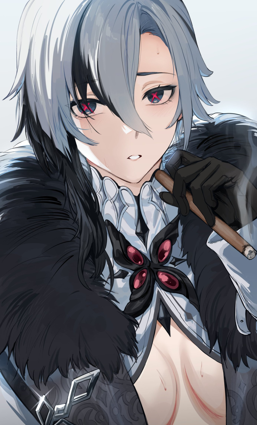 1girl arlecchino_(genshin_impact) bangs black_eyes black_gloves black_hair breasts cigar cleavage close-up fur_trim genshin_impact gloves hair_between_eyes hews highres large_breasts long_sleeves looking_at_viewer medium_hair multicolored_hair parted_lips red_pupils simple_background solo white_hair