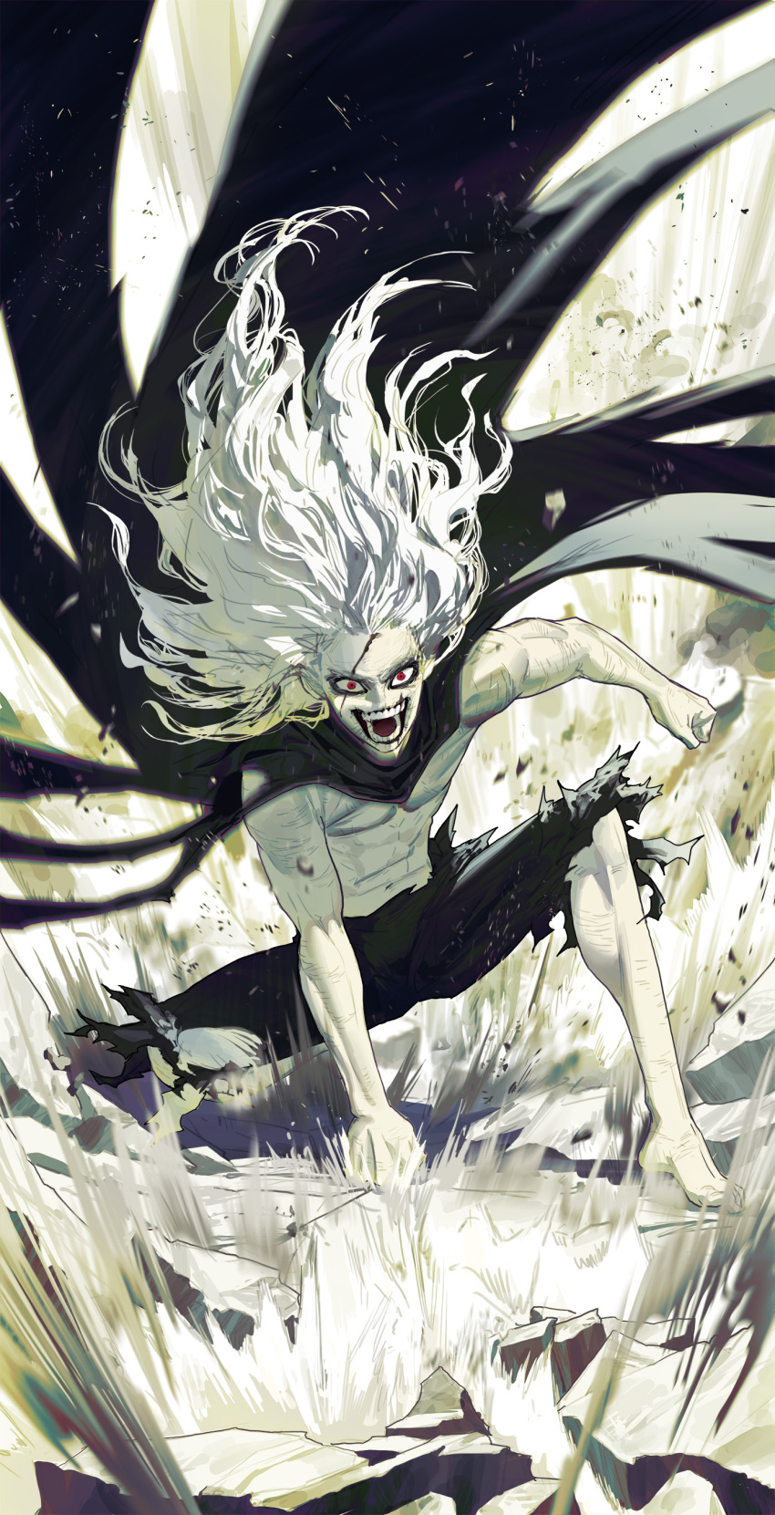 1boy absurdres barefoot black_cape blurry blurry_foreground boku_no_hero_academia cape clenched_hands crack cracked_floor dust dust_cloud ghdwid highres long_hair looking_at_viewer male_focus navel open_mouth pants red_eyes scar scar_across_eye scar_on_face shigaraki_tomura smile solo spoilers teeth tongue topless_male torn torn_cape torn_clothes torn_pants white_hair