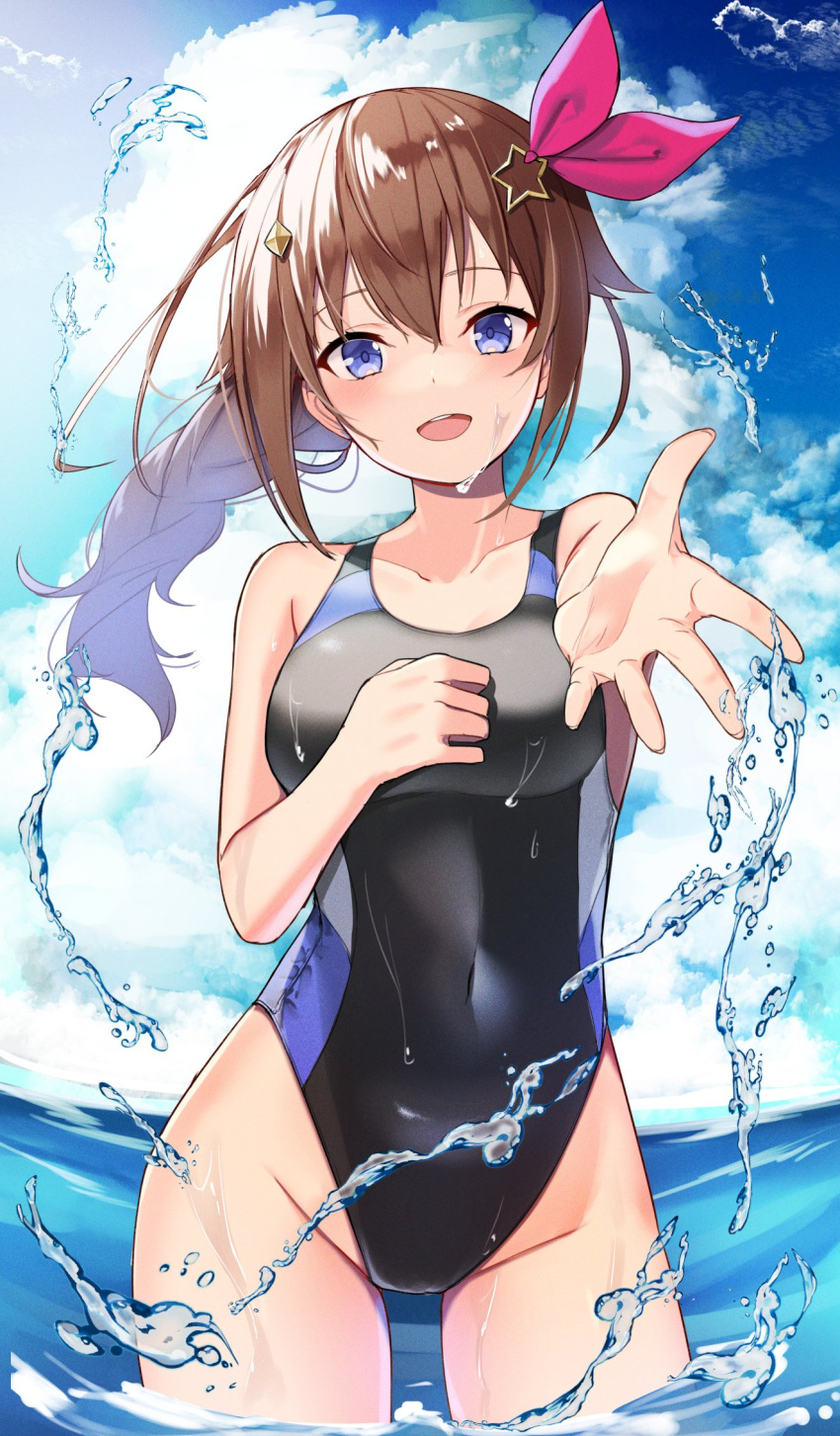 1girl bangs bare_shoulders blue_eyes blush braid breasts brown_hair cloud collarbone covered_navel hair_ornament highres hololive long_hair looking_at_viewer ocean one-piece_swimsuit open_mouth ponytail ribbon sky smile solo star_(symbol) star_hair_ornament swimsuit tokino_sora toko virtual_youtuber wading wet yuuzuki_(re'ef)