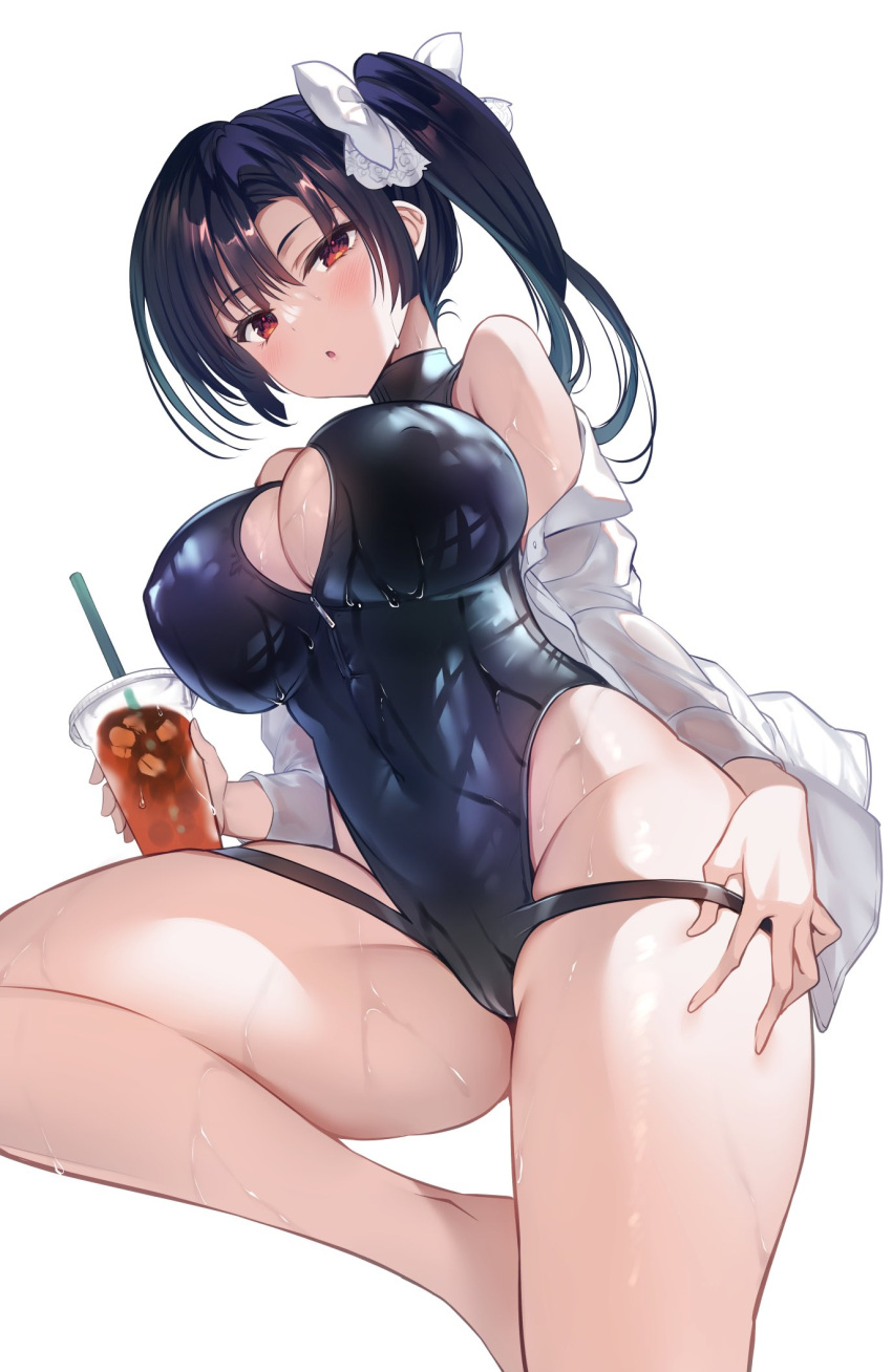 1girl bangs black_hair black_swimsuit breasts cleavage collared_shirt commentary_request covered_navel cup disposable_cup dress_shirt drinking_straw hair_ribbon highres ice ice_cube iced_tea large_breasts looking_at_viewer one-piece_swimsuit original parted_lips red_eyes ribbon sanshoku_amido shirt side_ponytail simple_background solo swimsuit taut_clothes taut_swimsuit thick_thighs thighs wet white_background white_shirt