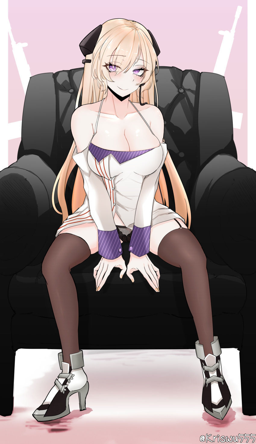 1girl absurdres alternate_costume armchair artist_name bangs bare_shoulders black_panties black_thighhighs blonde_hair blush boots breasts chair cleavage closed_mouth collarbone commission dress english_commentary full_body g3_(girls'_frontline) garter_straps girls'_frontline hair_ornament hairclip high_heel_boots high_heels highres long_hair looking_at_viewer loveya1224 medium_breasts panties pantyshot pixiv_request purple_eyes simple_background sitting smile solo thighhighs underwear white_dress white_footwear