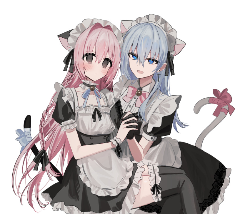 2girls :d alternate_costume animal_ear_fluff animal_ears apron bangs black_dress blue_bow blue_eyes blue_hair blue_ribbon blush bow breasts cat_ears cat_girl cat_tail chihuri closed_mouth collarbone collared_dress commentary_request cross cross_earrings dress earrings enmaided feet_out_of_frame frilled_apron frilled_dress frilled_legwear frills hair_between_eyes jewelry kemonomimi_mode latin_cross long_hair maid maid_headdress medium_breasts multiple_girls neck_ribbon original pink_bow pink_hair puffy_short_sleeves puffy_sleeves purple_eyes ribbon short_sleeves simple_background small_breasts smile tail tail_bow tail_ornament thighhighs very_long_hair white_apron white_background