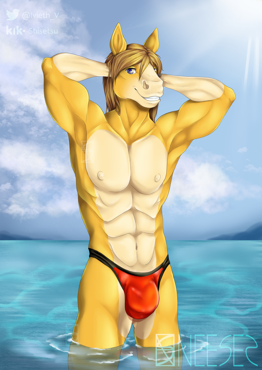 abs absurd_res anthro bikini_thong blaze_(marking) blonde_hair blonde_mane blue_eyes bulge clothing craig_brasher dirty_blonde_hair equid equine facial_markings fur hair hands_behind_head head_markings hi_res horse indigo_eyes ivieth lake looking_at_viewer male mammal mane markings multicolored_body multicolored_fur muscular muscular_male nipples pecs pose red_clothing red_swimwear sea shallow_water smile smiling_at_viewer smirk solo speedo swimwear tan_body tan_fur thong two_tone_body two_tone_fur underwear water wet white_body white_fur yellow_body yellow_fur