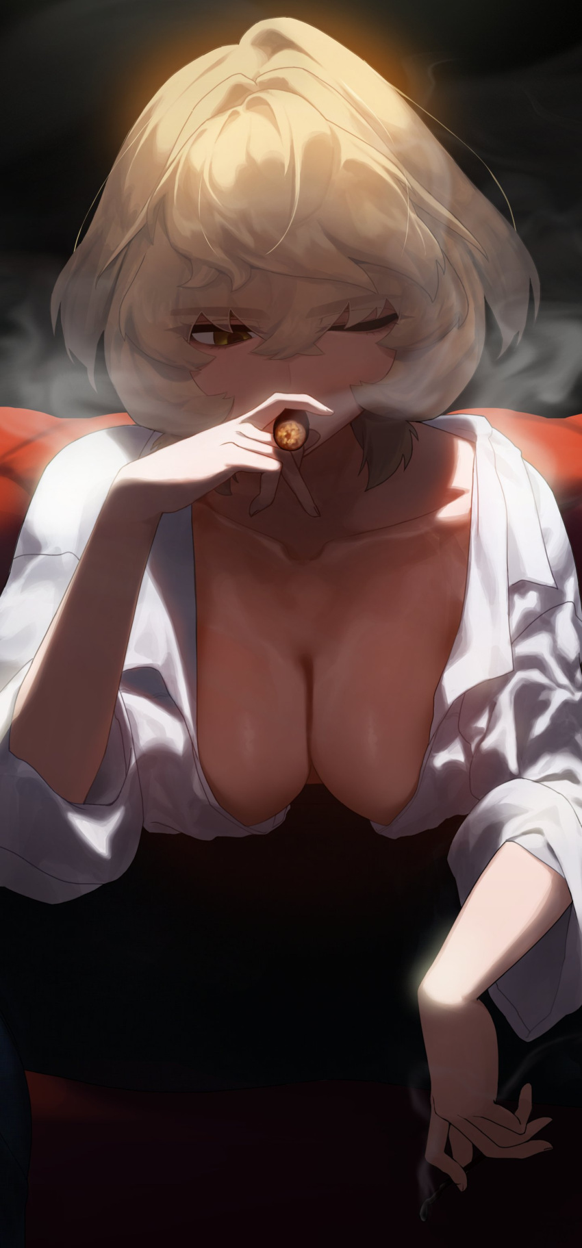 1girl absurdres blonde_hair breasts breasts_out cigar collarbone couch cropped eyes_visible_through_hair green_eyes hair_between_eyes highres holding holding_cigar one-eyed original short_hair sitting sleeves_rolled_up smoke smoking solo spread_legs yohu08