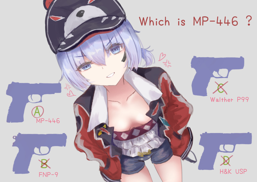 1girl ? absurdres anger_vein animal_ears animal_hat animal_print bangs bear_ears bear_print blue_eyes blue_hair blue_shorts blush breasts closed_mouth collarbone dutch_angle fake_animal_ears fnp-9 girls'_frontline grey_background gun h&amp;k_usp hair_between_eyes handgun hat heart highres jacket martinreaction mp-446_(girls'_frontline) mp-446_viking open_clothes open_jacket short_hair short_shorts shorts silhouette simple_background skindentation small_breasts solo standing teeth thighs v-shaped_eyebrows walther walther_p99 weapon