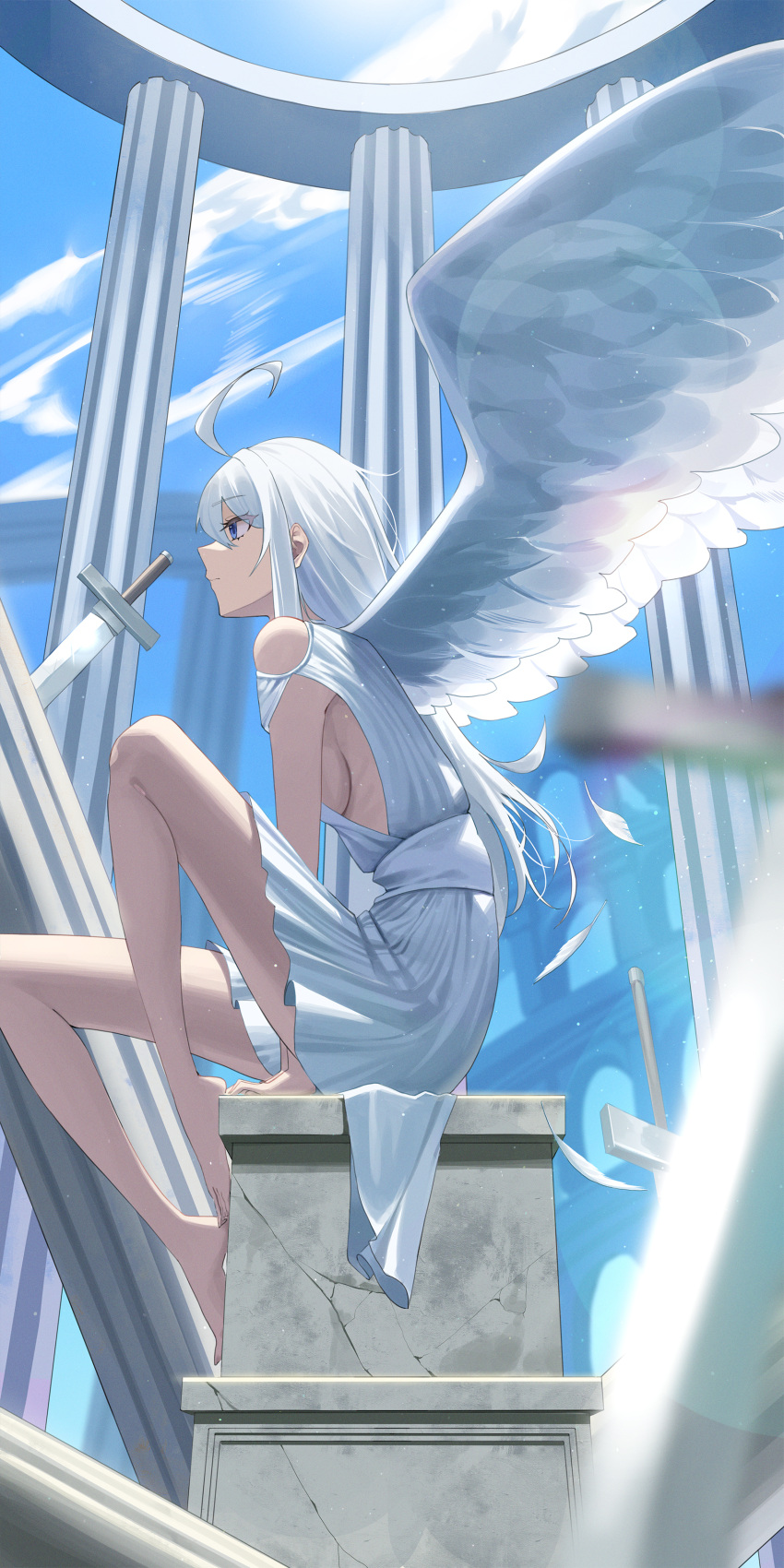 1girl absurdres ahoge bare_legs bare_shoulders barefoot between_legs blue_eyes blue_sky breasts closed_mouth clothing_cutout day dress feathered_wings from_side hand_between_legs highres junkt729 lens_flare long_hair medium_breasts original outdoors pillar planted planted_sword profile short_sleeves shoulder_cutout sideboob sidelocks sitting sky solo sword weapon white_dress white_hair white_wings wings
