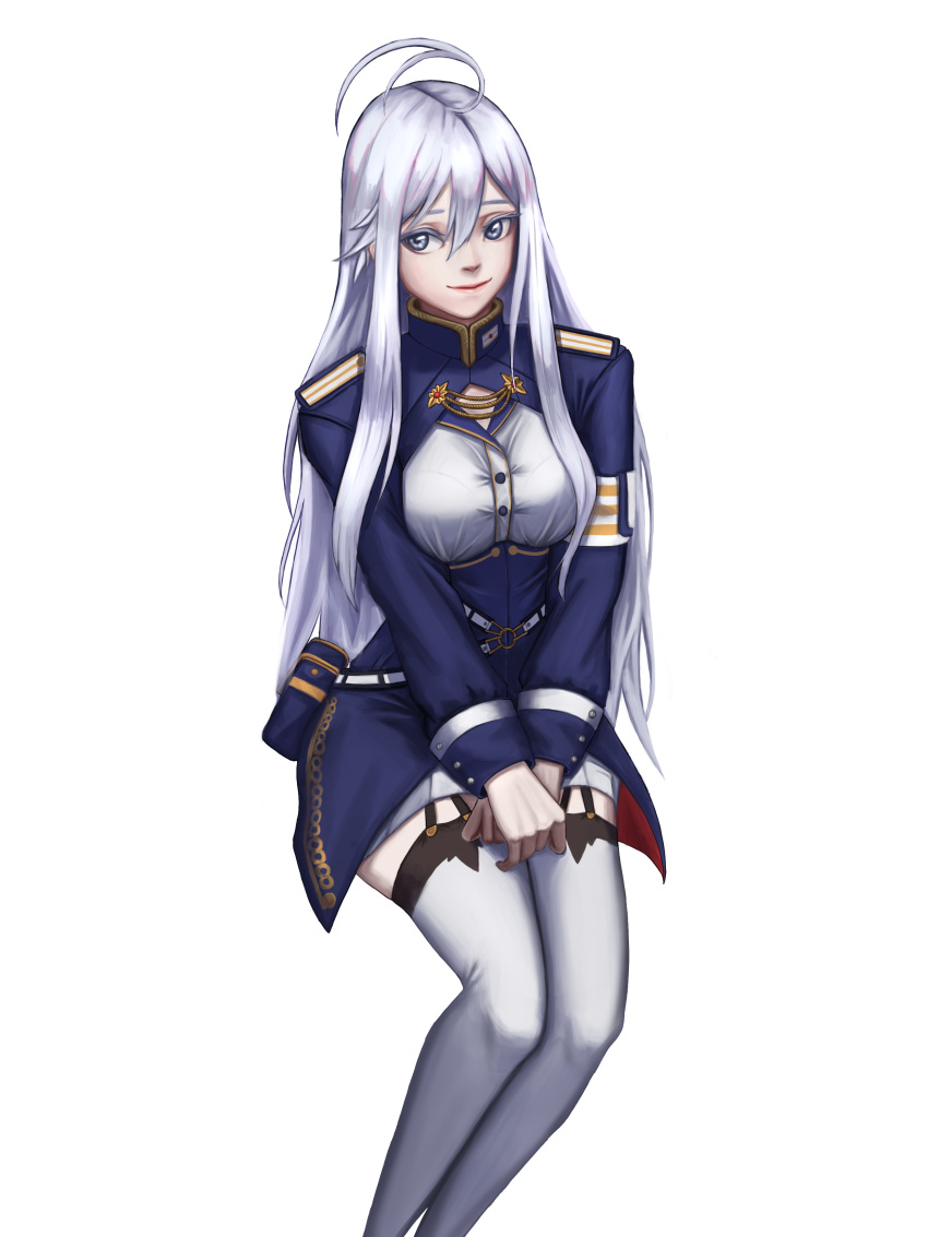 1girl 86_-eightysix- absurdres ahoge bangs blue_jacket breasts closed_mouth crush_kim feet_out_of_frame garter_straps grey_eyes grey_hair highres jacket lips long_hair long_sleeves looking_at_viewer medium_breasts military military_uniform sitting smile solo thighhighs uniform vladilena_millize white_background white_thighhighs