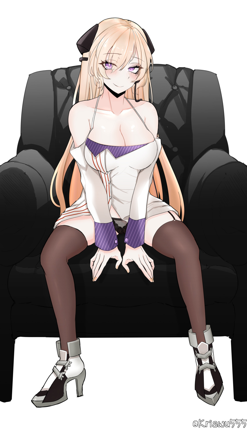 1girl absurdres alternate_costume armchair artist_name bangs bare_shoulders black_panties black_thighhighs blonde_hair blush boots breasts chair cleavage closed_mouth collarbone commission dress english_commentary full_body g3_(girls'_frontline) garter_straps girls'_frontline hair_ornament hairclip high_heel_boots high_heels highres long_hair looking_at_viewer loveya1224 medium_breasts panties pantyshot pixiv_request purple_eyes sitting smile solo thighhighs underwear white_background white_dress white_footwear