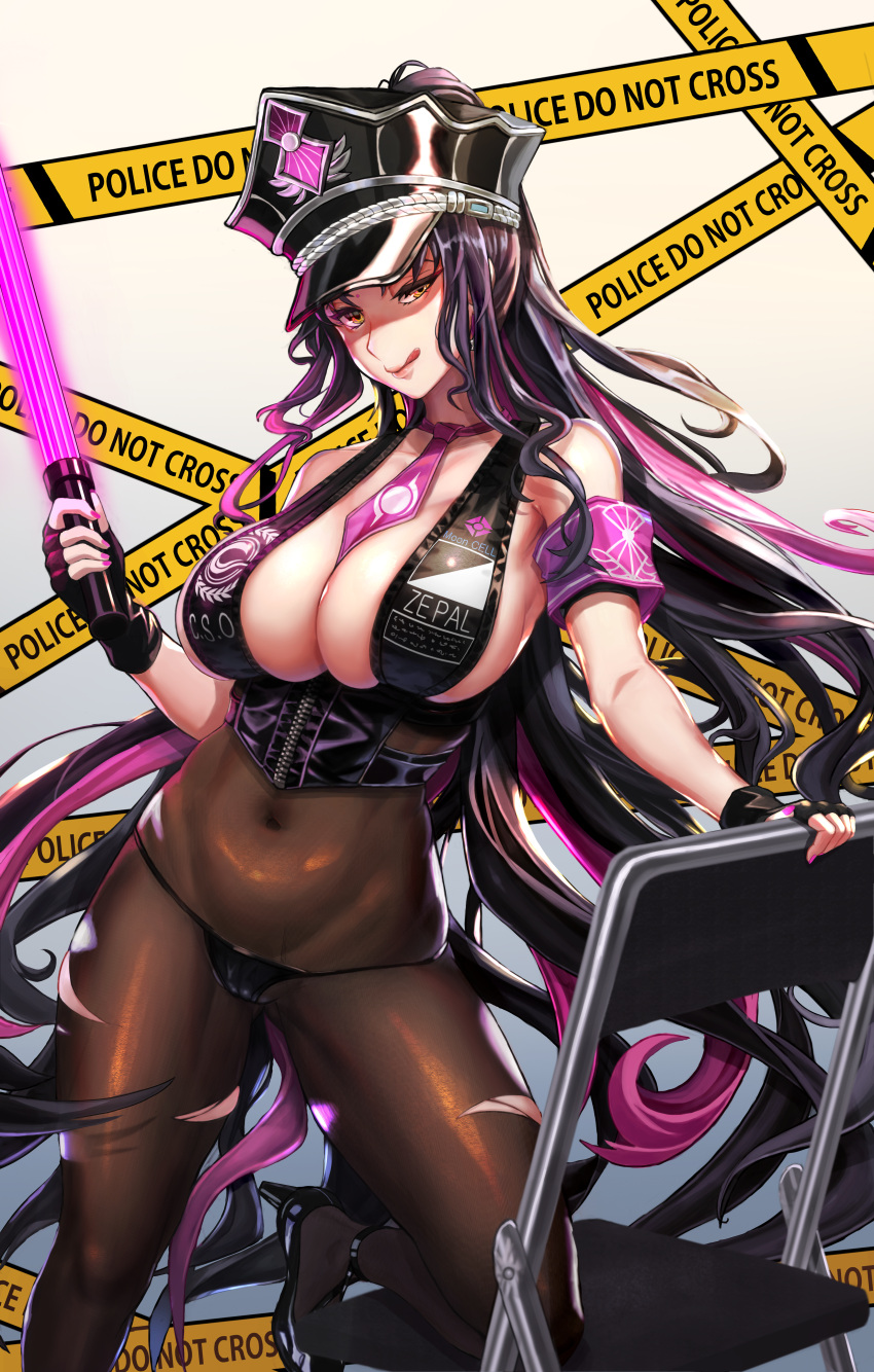 1girl absurdres bikini black_bikini black_hair black_headwear bodystocking bodysuit breasts covered_navel facial_mark fate/grand_order fate_(series) forehead_mark forehead_tattoo hat highres holding large_breasts licking_lips long_hair multicolored_hair necktie peaked_cap pink_necktie police_hat purple_hair sesshouin_kiara sesshouin_kiara_(swimsuit_mooncancer) sesshouin_kiara_(swimsuit_mooncancer)_(second_ascension) solo spilled_milk streaked_hair swimsuit tongue tongue_out torn_bodysuit torn_clothes traffic_baton usd_(wwkr2537) very_long_hair yellow_eyes